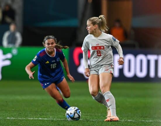 Philippines' defender #16 Sofia Harrison (L) and Switzerland's forward #08 Nadine Riesen vie for the ball during the Australia and New Zealand 2023 Women's World Cup Group A football match between the Philippines and Switzerland at Dunedin Stadium in Dunedin on July 21, 2023. (Photo by Sanka Vidanagama / AFP)