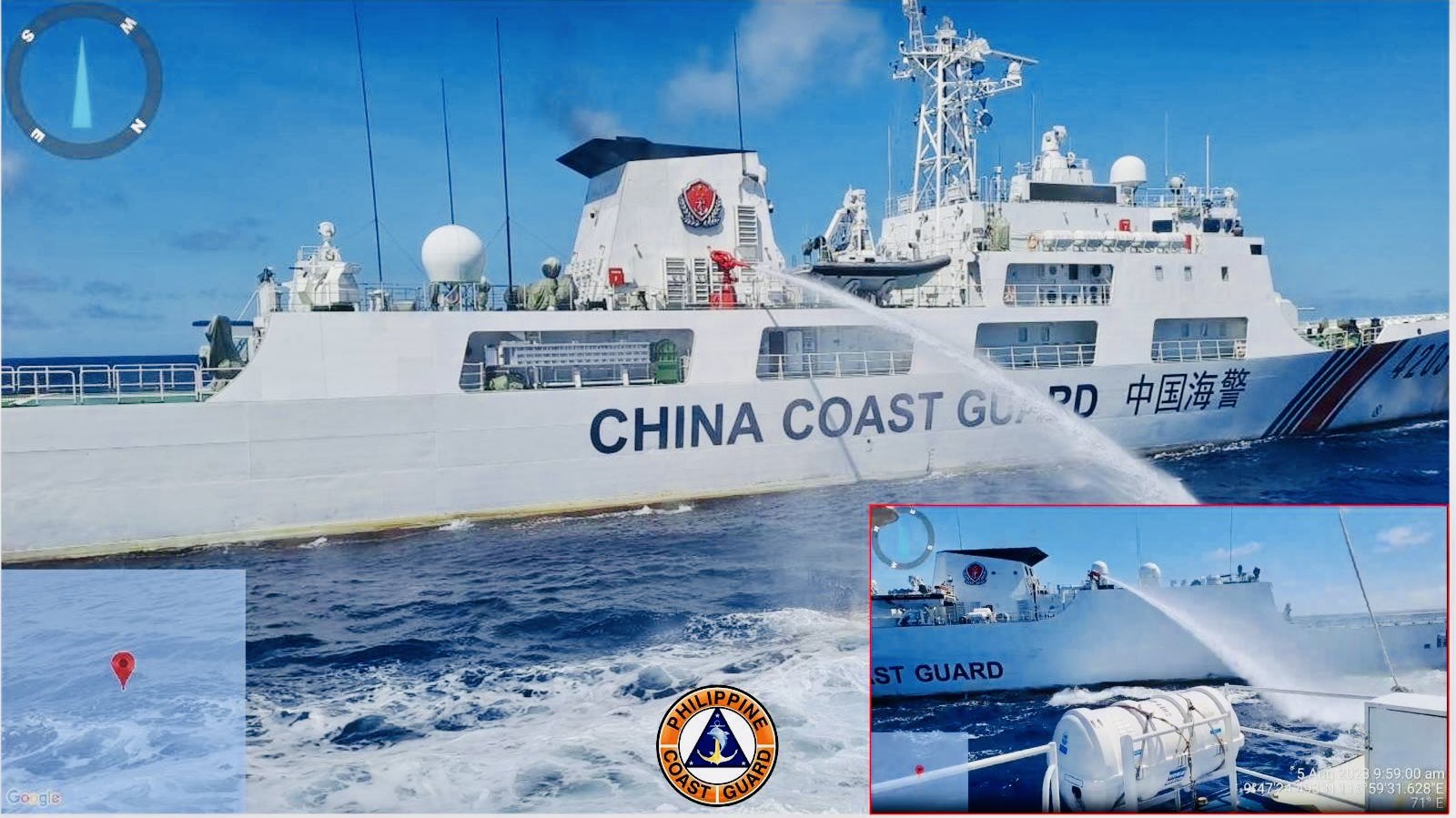 The Philippines accused the China Coast Guard Sunday of firing water cannon at its vessels in the disputed South China Sea, describing the actions as "illegal" and "dangerous.''