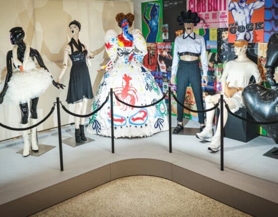 Mannequins wearing : the Swan dress designed by Marjan Pejoski and worn by Icelandic singer Bjork at the 2001 Oscars (2nd L), a dress from Charles Jeffrey Loverboy Spring/Summer 2018 collection show (C) and the inflatable latex suit designed by Harri and worn by British singer Sam Smith for the Brits Awards 2023 (R), are displayed during the preview of the exhibition "REBEL: 30 years of London Fashion" at the Design Museum, in London, on September 11, 2023. The museum unveiled some of the trailblazing fashion designs in an upcoming exhibition showcasing London's fashion culture on the world stage. The exhibition, that will run from September 16 until February 11, 2024, is a collaboration with the British Fashion Council (BFC) and will celebrate the 30th anniversary of the BFC’s NEWGEN programme, an initiative that supports the emerging fashion design talent. (Photo by Adrian Dennis / AFP)