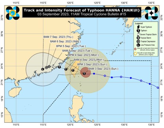 Typhoon Hanna intensity and forecast track (11 a.m., 9-3-2023) - Courtesy: PAGASA