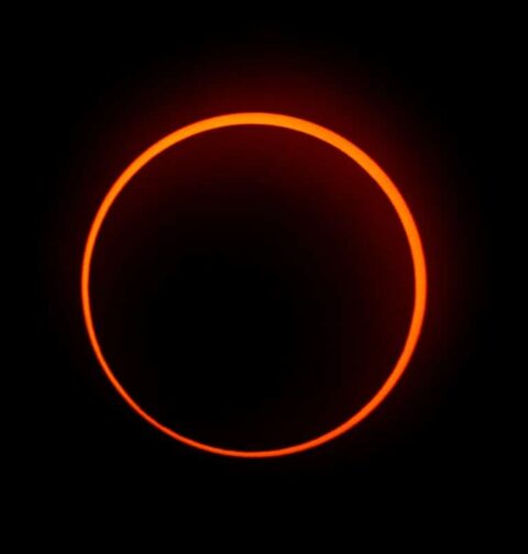 The "Ring of Fire" effect caused during the annular solar eclipse is seen from Penonome, Panama, on October 14, 2023. (Photo by Luis Acosta / AFP)