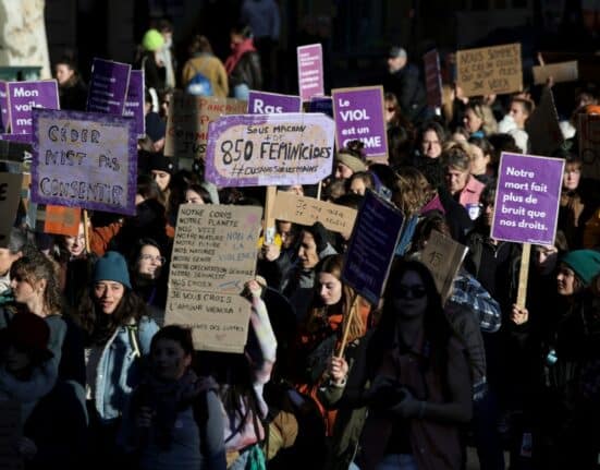 Women hold placards as they march during a demonstration to mark International Day for the Elimination of Violence Against Women in Toulouse, south-western France, on November 25, 2023. (Photo by Valentine CHAPUIS / AFP)
