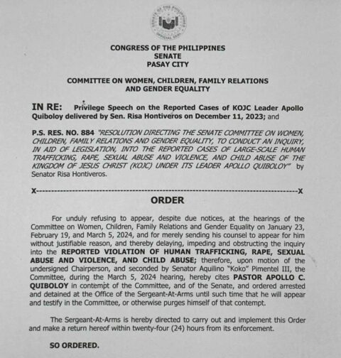 Senate issues arrest order vs Apollo Quiboloy (Senate document)