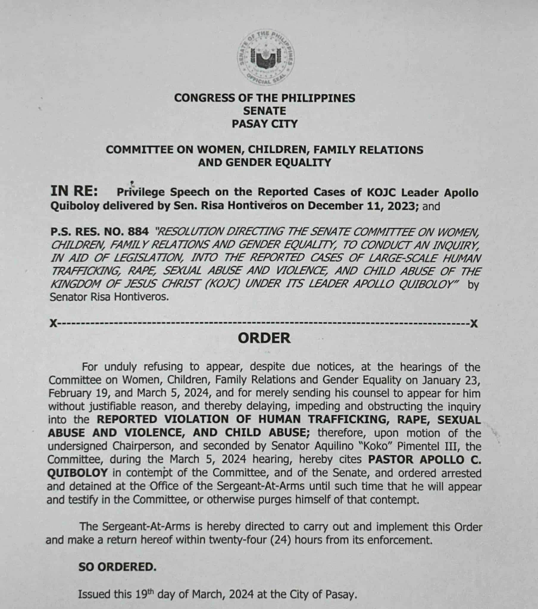 Senate issues arrest order vs Apollo Quiboloy (Senate document)
