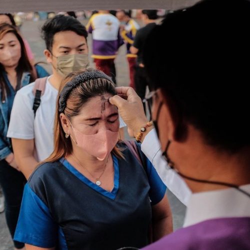 Catholic devotees attend Ash Wednesday mass at the Minor Basilica of the Black Nazarene in Quiapo Church on Wednesday, February 21, 2023 in Metro Manila.